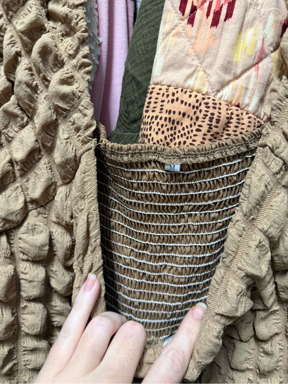 Textured Ruched Camel Midi Dress - Picture 3 of 6